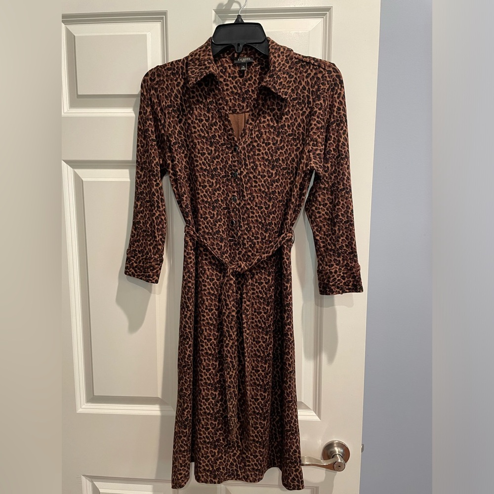 Talbots dress, 3/4 sleeve, leopard print, belt at waist,Size Small Petite